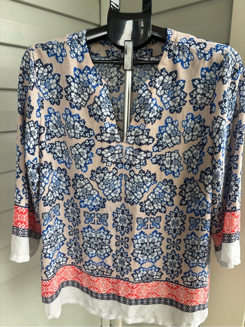 Violet + Claire Womens XL Boho Print Blouse Blue Coral 3/4 Sleeve Tunic Top - Picture 2 of 5